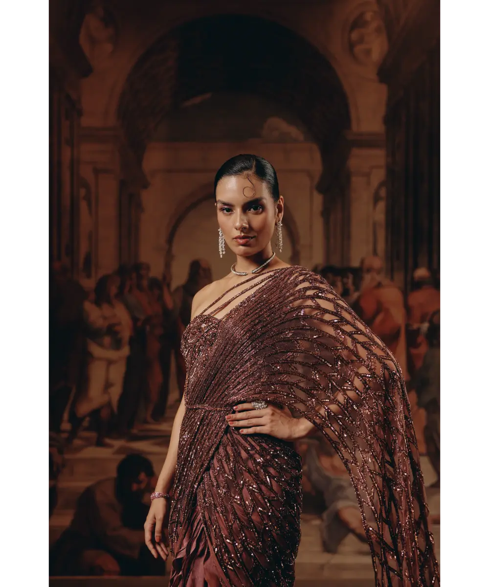 ADAARA COUTURE- Garnet Ruffled Saree